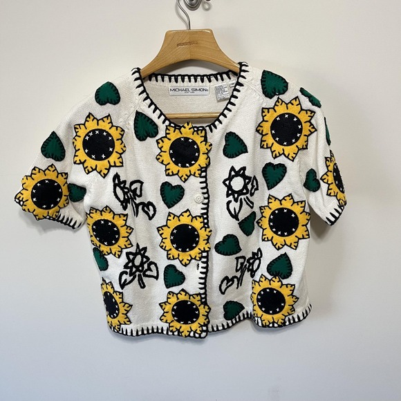 Michael Simon Sweaters - Vintage Michael Simon Sunflower Cardigan Sweater Womens M Cottage Cute Boho 90s